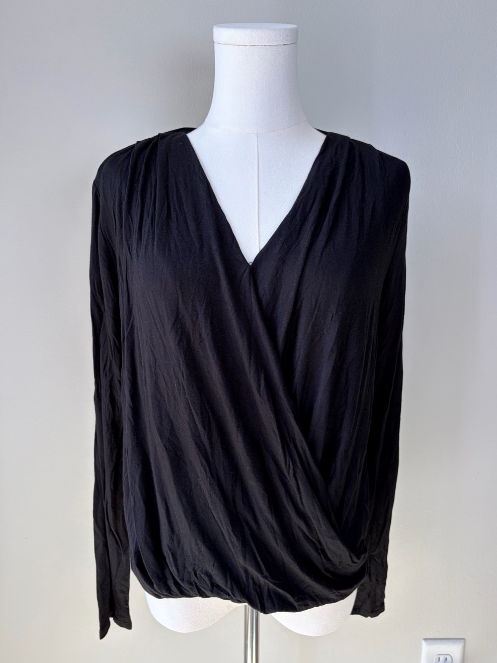 On The Road Anthropologie Black Surplice Faux Wrap V-Neck Soft Blouse Top